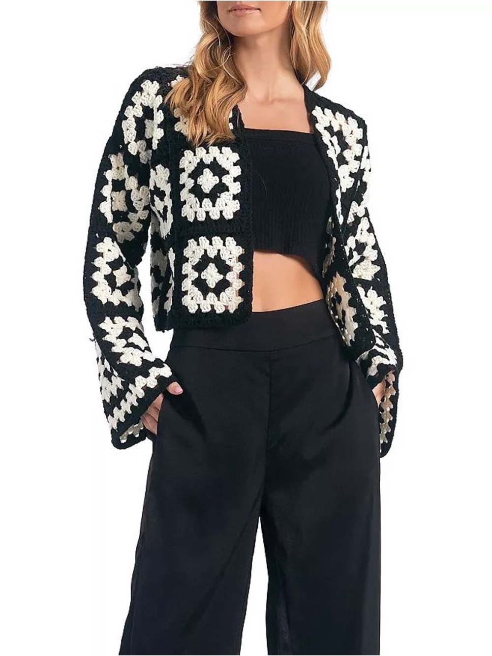 Elan Black & White Crochet Square Cropped Cardigan Sweater Women Size L NWT